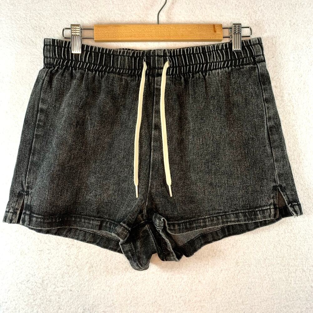 Pacsun Womens Black Denim‎ Shorts Sz M Drawstring Elastic Waist Side Slit Cotton